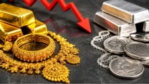 Todays gold rate jewelry display in a traditional indian store with gold biscuits