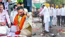Rohit Pawar Protest - BJP workers sprinkling Gomutra at Pandharpur strike site.