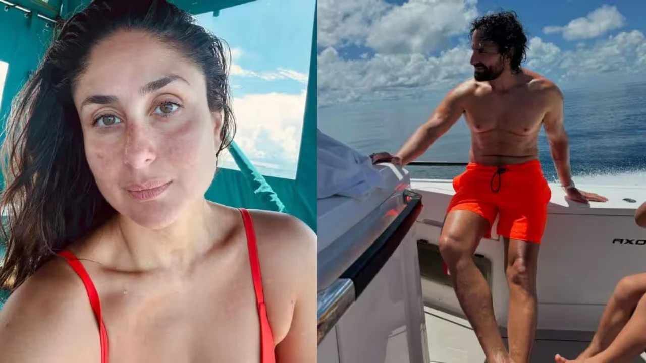 Kareena Kapoor Saif Ali Khan vacation pictures from Europe showing Saif in orange swim shorts.