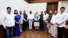 PM Modi with NDA MPs discussing Parliament and development