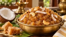Delicious fresh coconut halwa garnished with cashew nuts