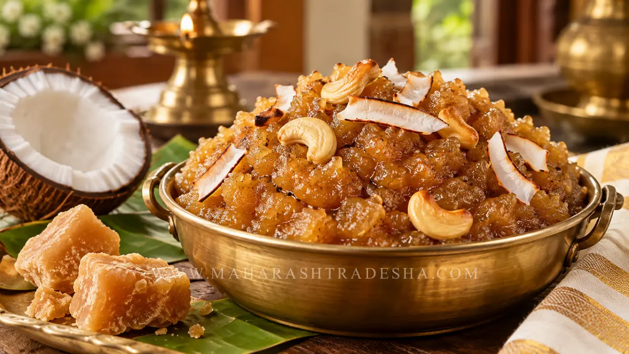 Delicious fresh coconut halwa garnished with cashew nuts