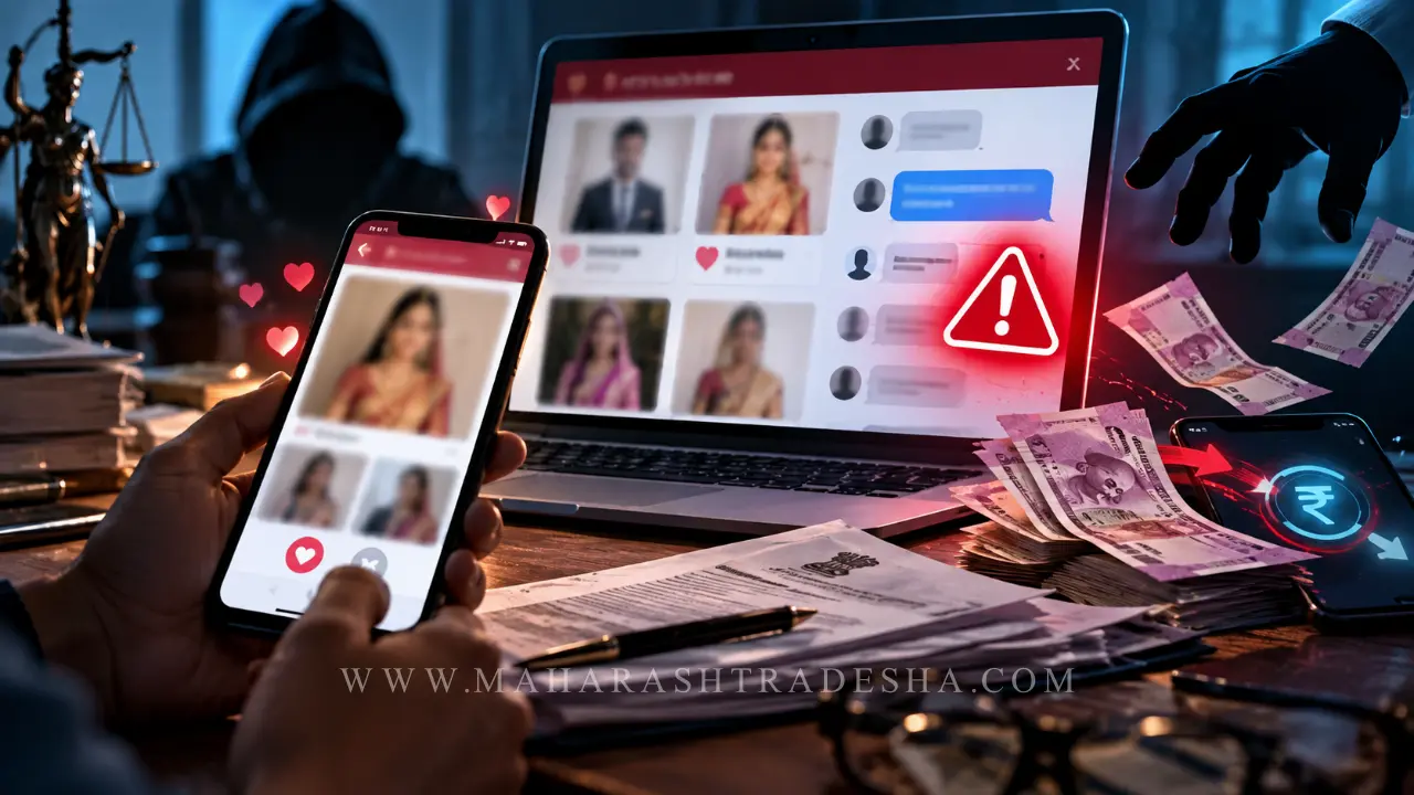 Cyber crime conceptual image showing a defrauded female officer and matrimonial fraud