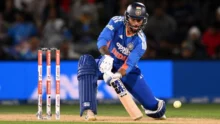 Tilak Varma batting for India against New Zealand in T20I match