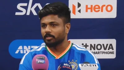 Sanju samson playing a shot for team india