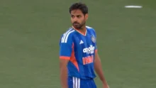 Bhuvneshwar Kumar bowling in T20I match for India