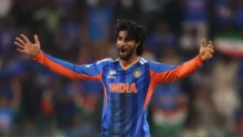 Tilak Varma taking a catch on the field during a T20I match