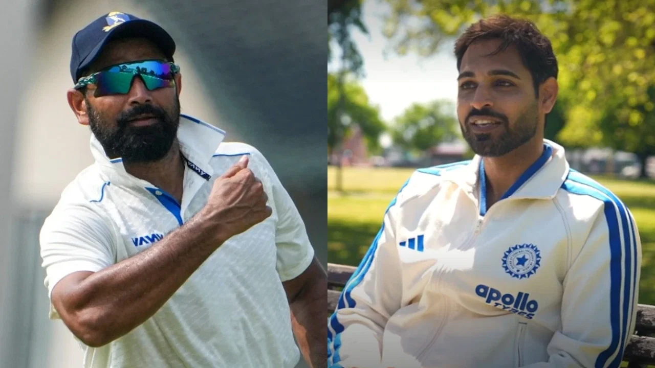 Bhuvneshwar Kumar and Mohammed Shami sharing field in Indian cricket jersey