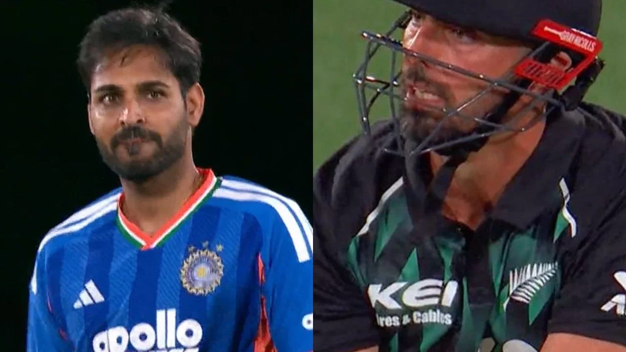Bhuvneshwar Kumar takes an international wicket against New Zealand