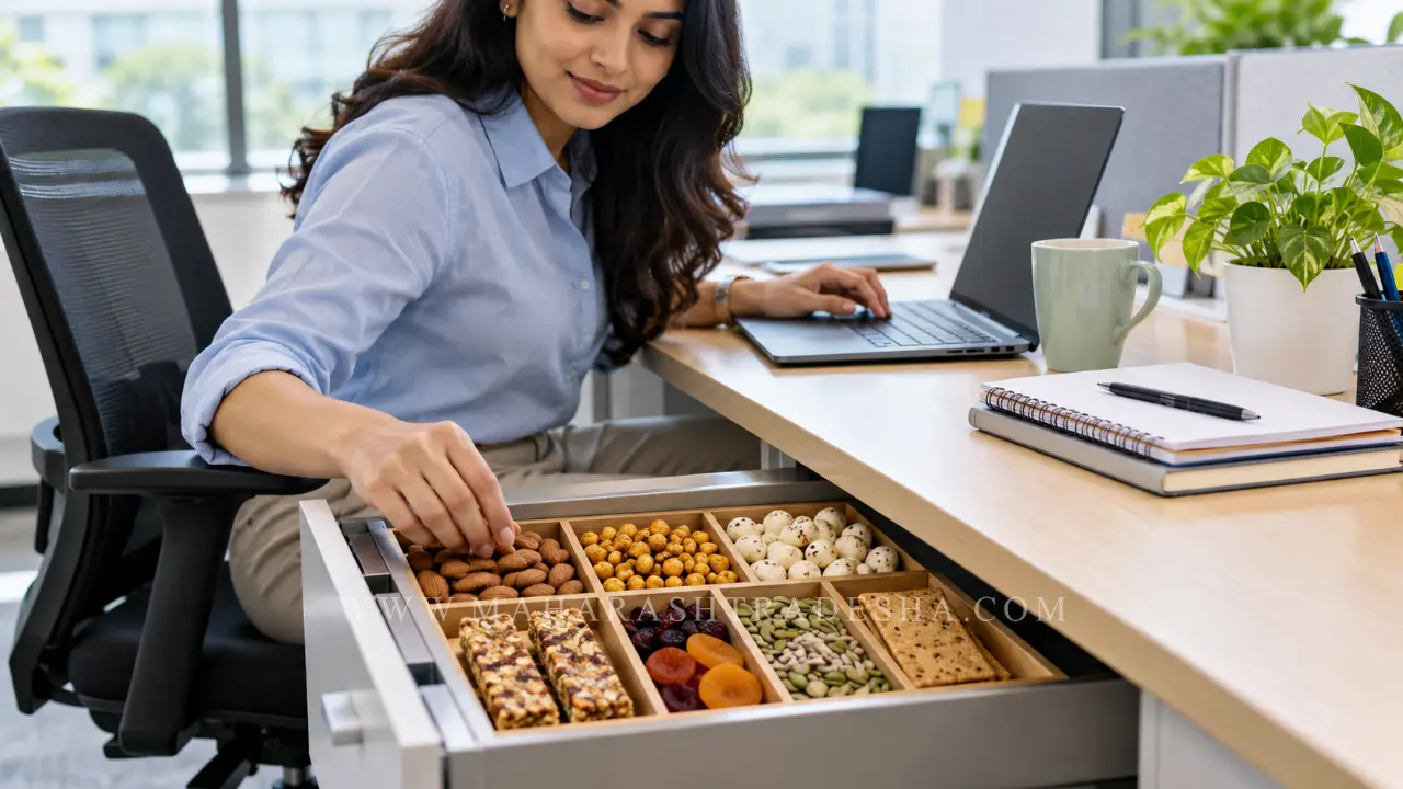 Healthy snacks like roasted chana, makhana, and dry fruits for office drawer